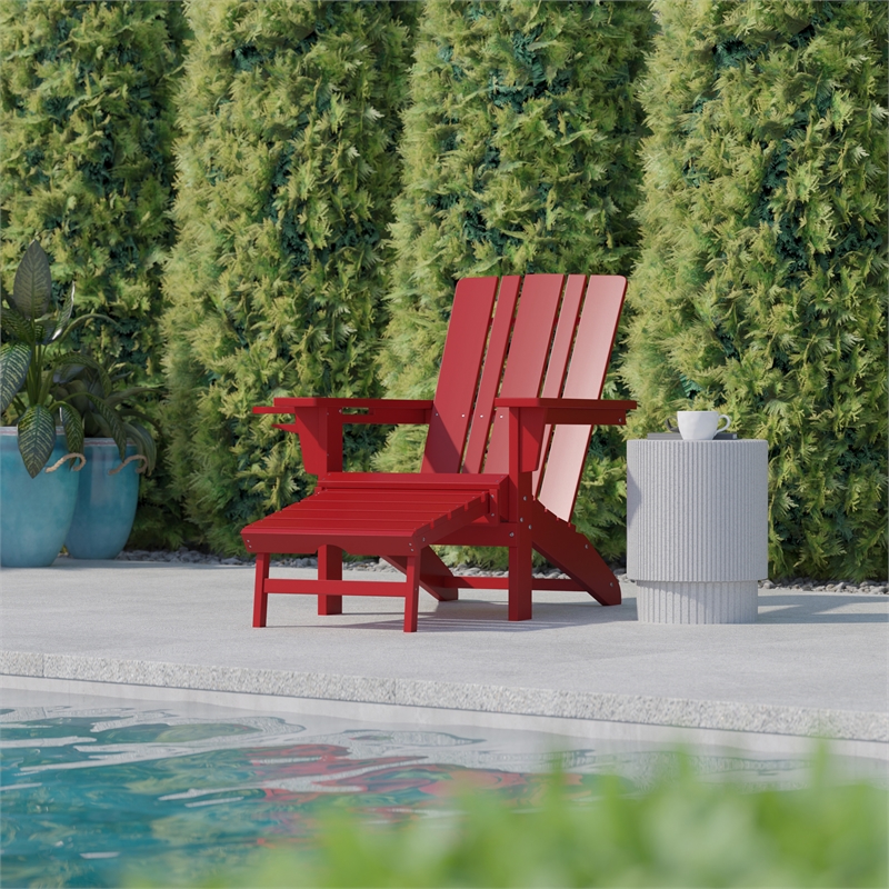 Flash Furniture Halifax Plastic Adirondack Chair with Pullout Ottoman in Red