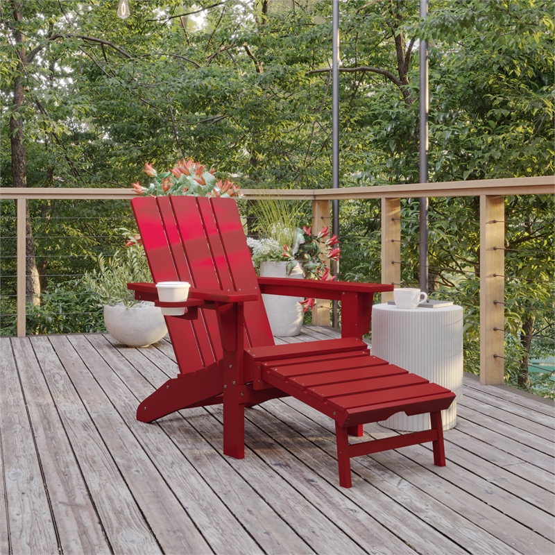 Flash Furniture Halifax Plastic Adirondack Chair with Pullout Ottoman in Red