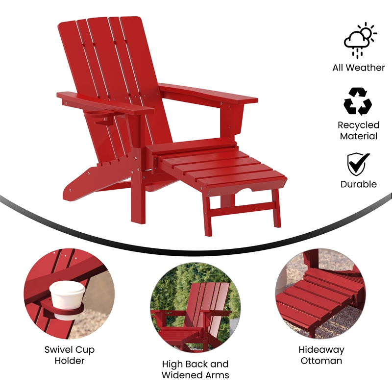 Flash Furniture Halifax Plastic Adirondack Chair with Pullout Ottoman in Red