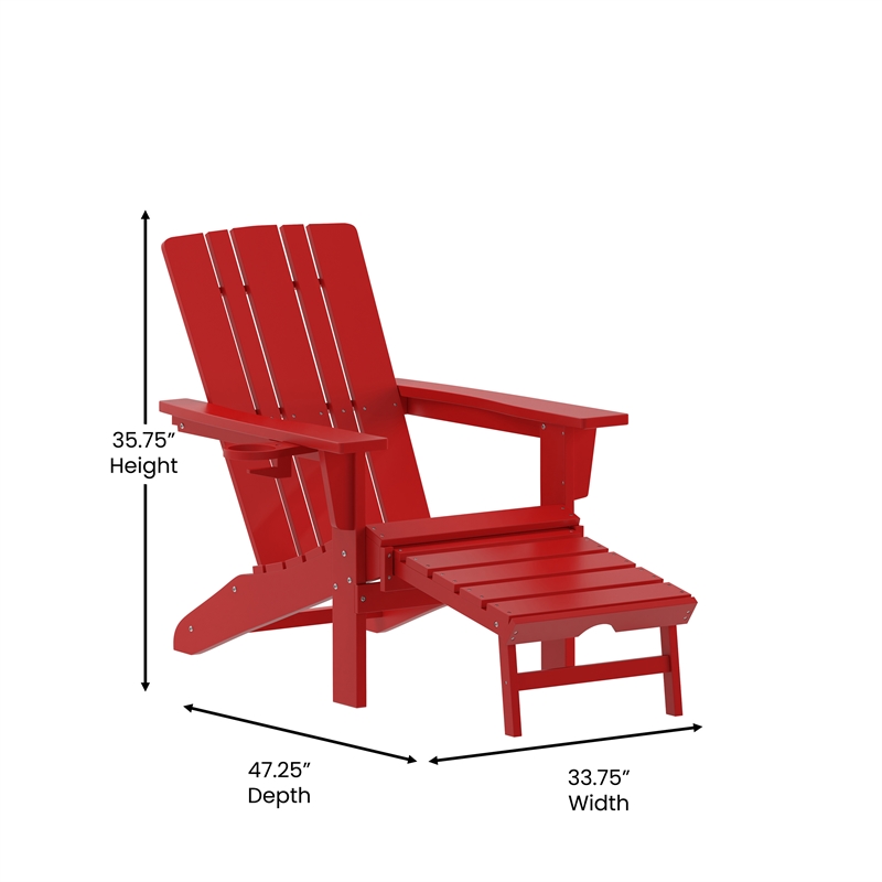 Flash Furniture Halifax Plastic Adirondack Chair with Pullout Ottoman in Red