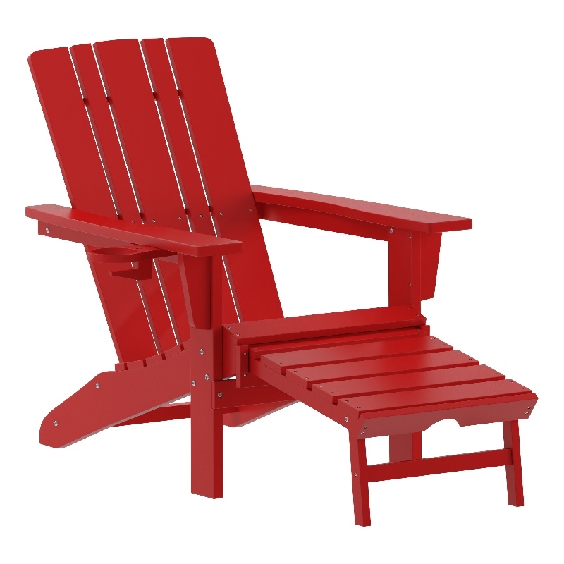 Flash Furniture Halifax Plastic Adirondack Chair with Pullout Ottoman in Red