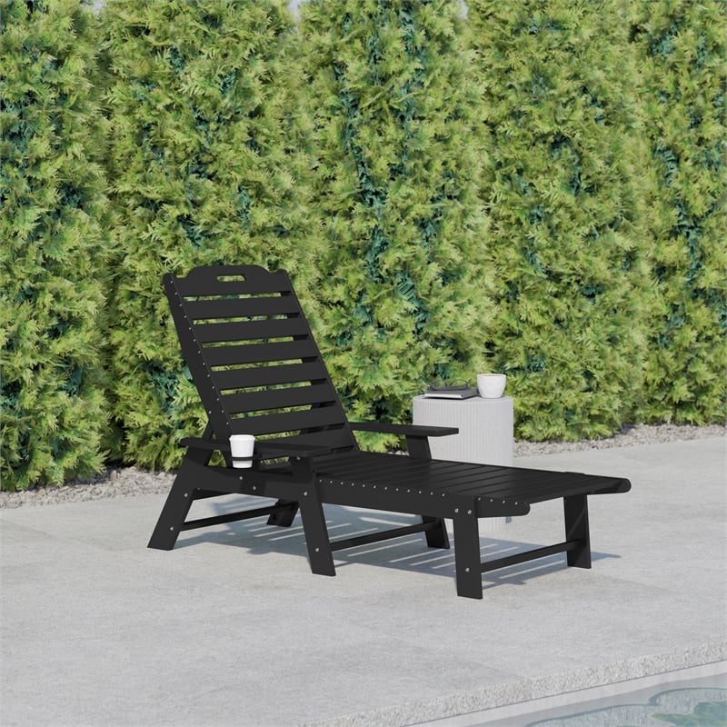 Flash Furniture Newport Plastic Outdoor Lounge Chair with Cup Holder in Black