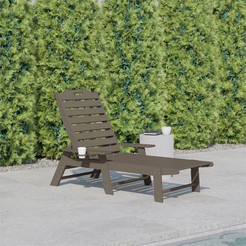 Flash Furniture Newport Plastic Outdoor Lounge Chair with Cup Holder in Brown