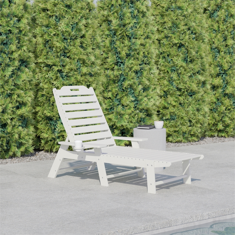 Flash Furniture Newport Plastic Outdoor Lounge Chair with Cup Holder in White