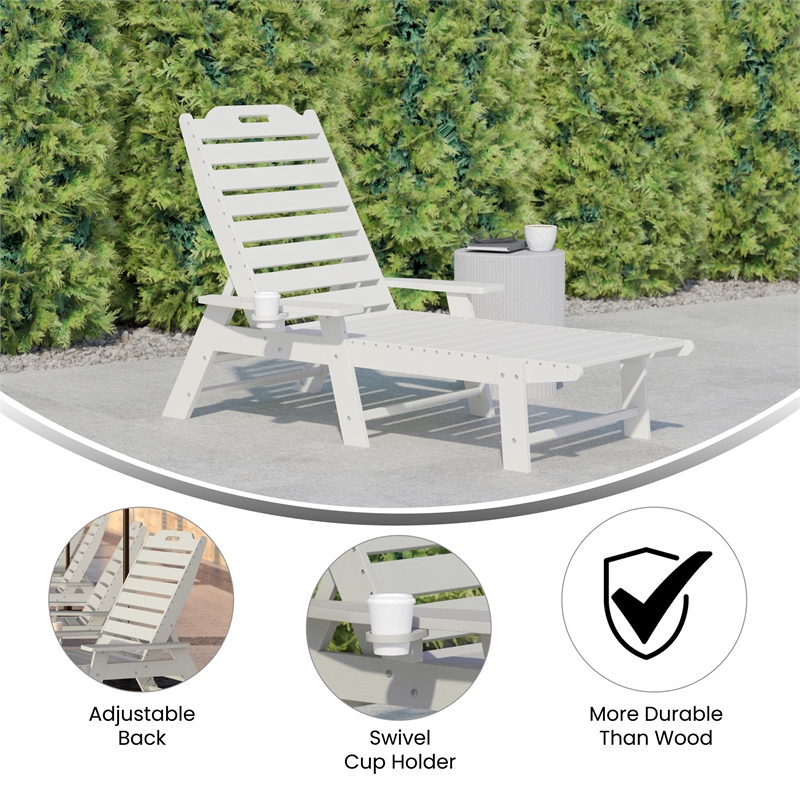 Flash Furniture Newport Plastic Outdoor Lounge Chair with Cup Holder in White