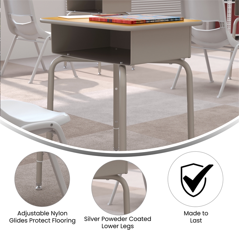 Flash Furniture Billie Metal Student Desk with Desktop/Book Box in Maple/Silver