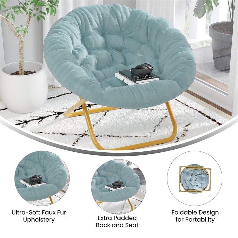 Flash Furniture Gwen XL Fabric Folding Saucer Chair in Dusty Aqua Blue/Soft Gold