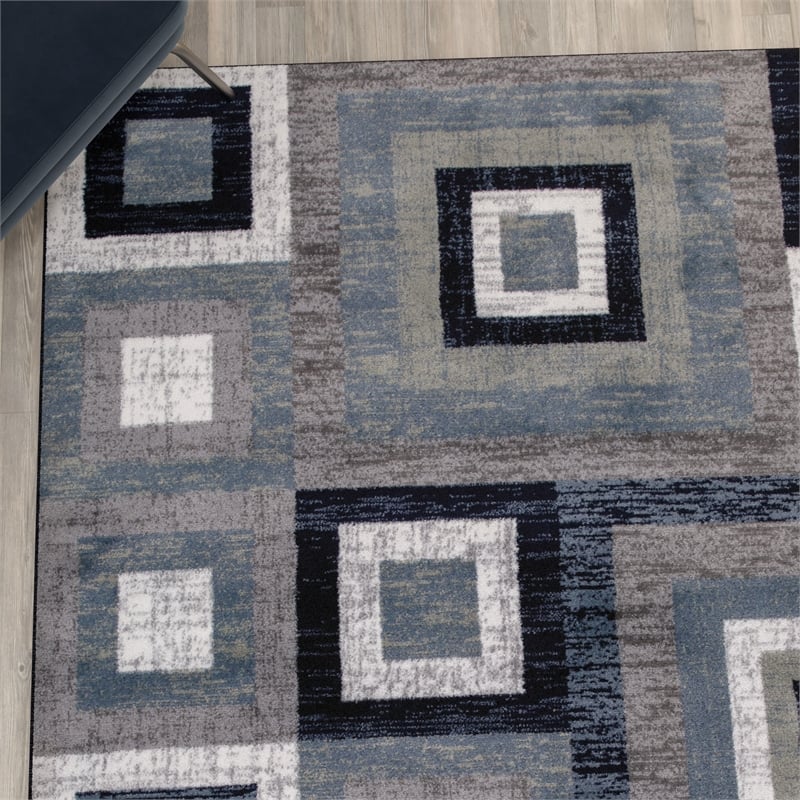 Flash Furniture Gideon Collection Geometric 5' x 5' Blue, Grey, and White Round Olefin Area Rug with Cotton Backing, Living Room, Bedroom