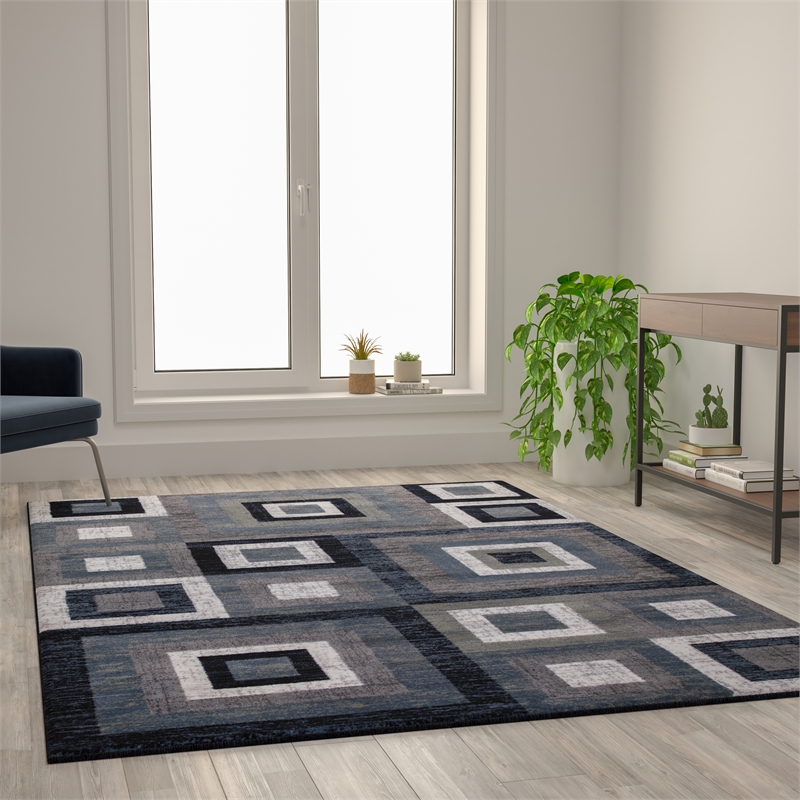 Flash Furniture Gideon Collection Geometric 5' x 5' Blue, Grey, and White Round Olefin Area Rug with Cotton Backing, Living Room, Bedroom