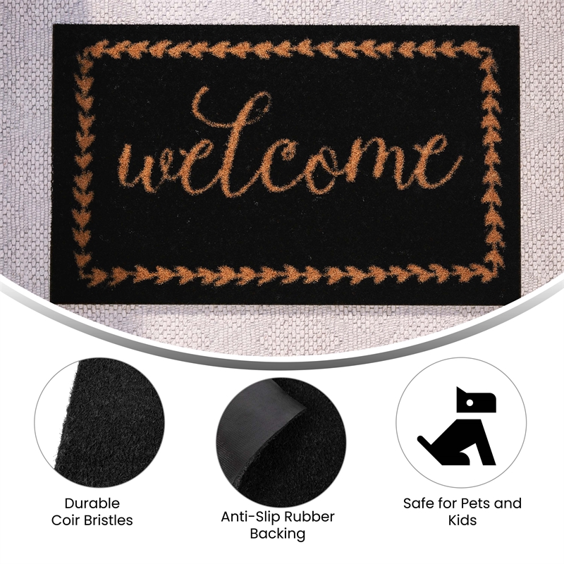 Flash Furniture 18 x 30 Harbold Indoor & Outdoor Coir Doormat with Natural Home Sweet Home Message & Non-Slip Backing Black