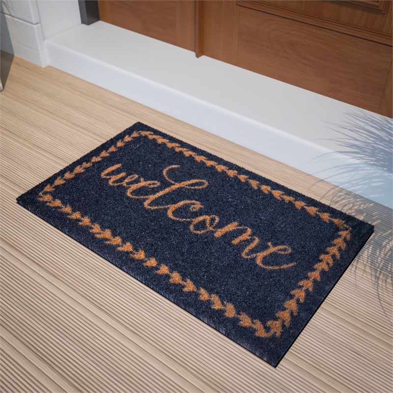 Flash Furniture Harbold Welcome Message Coir Wood Fiber Doormat in Navy/Natural