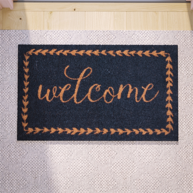 Flash Furniture Harbold Welcome Message Coir Wood Fiber Doormat in Navy/Natural