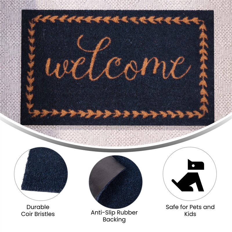 Flash Furniture Harbold Welcome Message Coir Wood Fiber Doormat in Navy/Natural