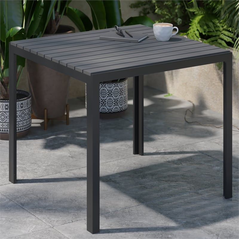 Flash Furniture Harris Metal Patio Table with Poly Resin Slatted Top in Black