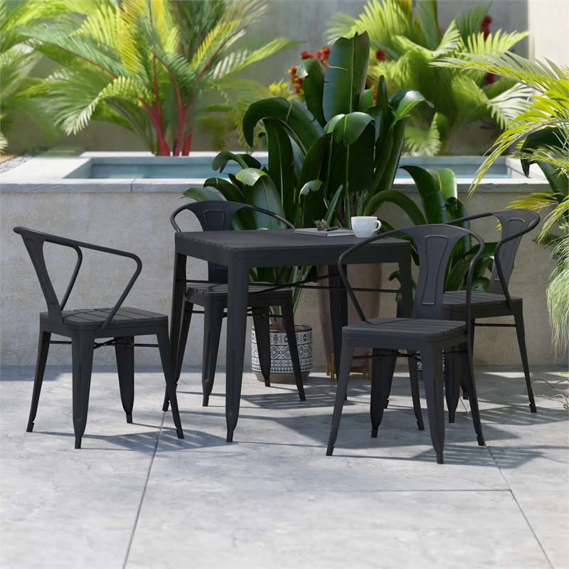 Flash Furniture Helvey 5-Piece Top Square Metal Table and Chairs Set in Black