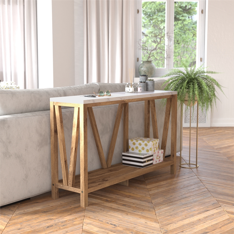 Flash Furniture Charlotte Engineered Wood Console Table in Warm Oak/Marble