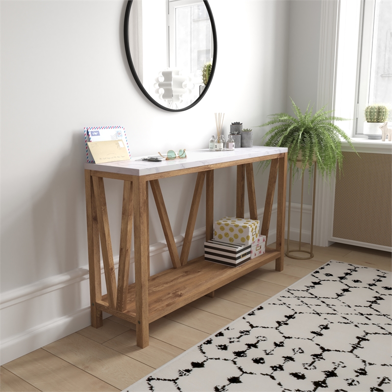 Flash Furniture Charlotte Engineered Wood Console Table in Warm Oak/Marble