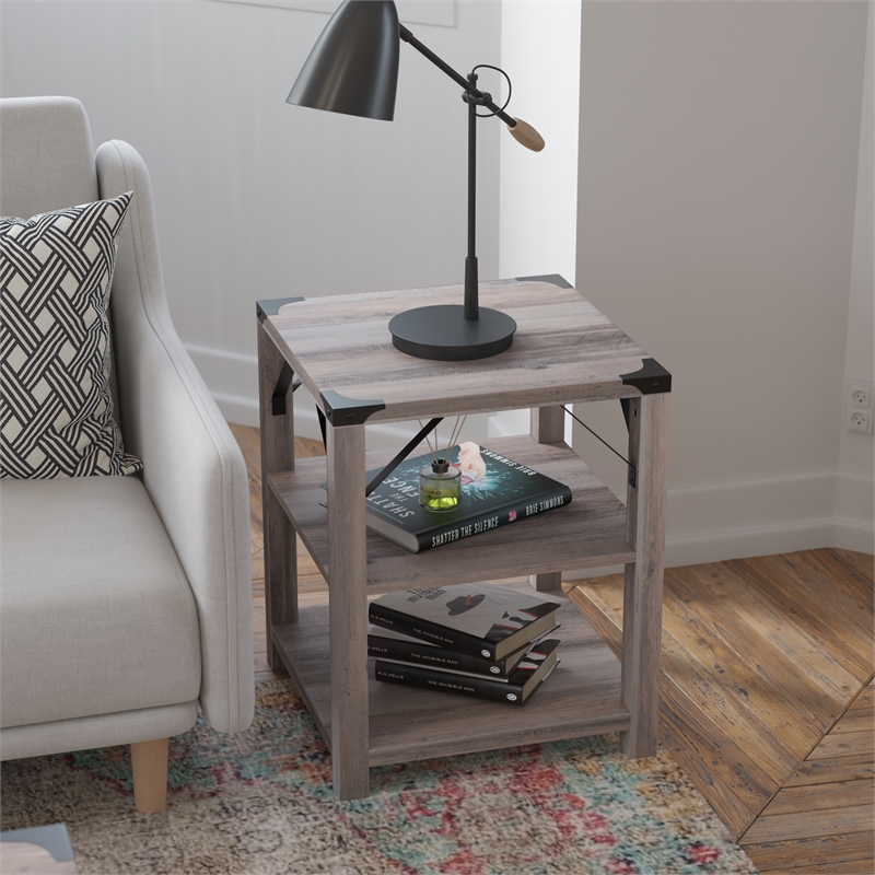 Flash Furniture Wyatt 3-Tier Engineered Wood Side Table in Gray Wash