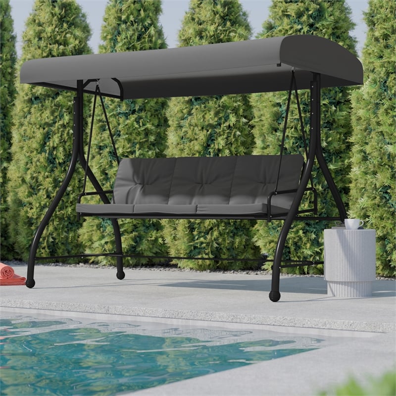 Flash Furniture Tellis 3-Seat Metal Patio Swing & Bed Canopy Hammock in Gray