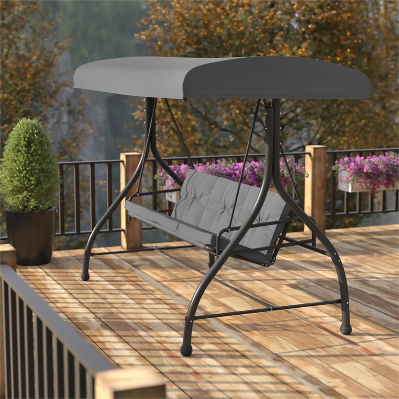 Flash Furniture Tellis 3-Seat Metal Patio Swing & Bed Canopy Hammock in Gray