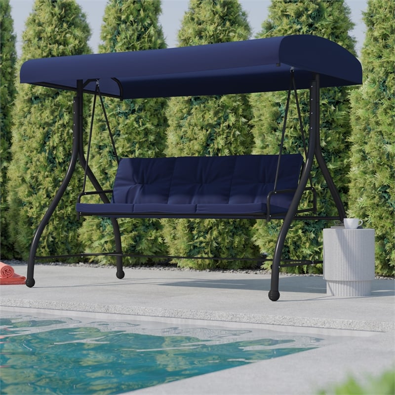 Flash Furniture Tellis 3-Seat Metal Patio Swing & Bed Canopy Hammock in Navy