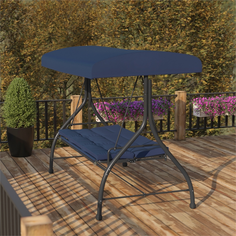 Flash Furniture Tellis 3-Seat Metal Patio Swing & Bed Canopy Hammock in Navy