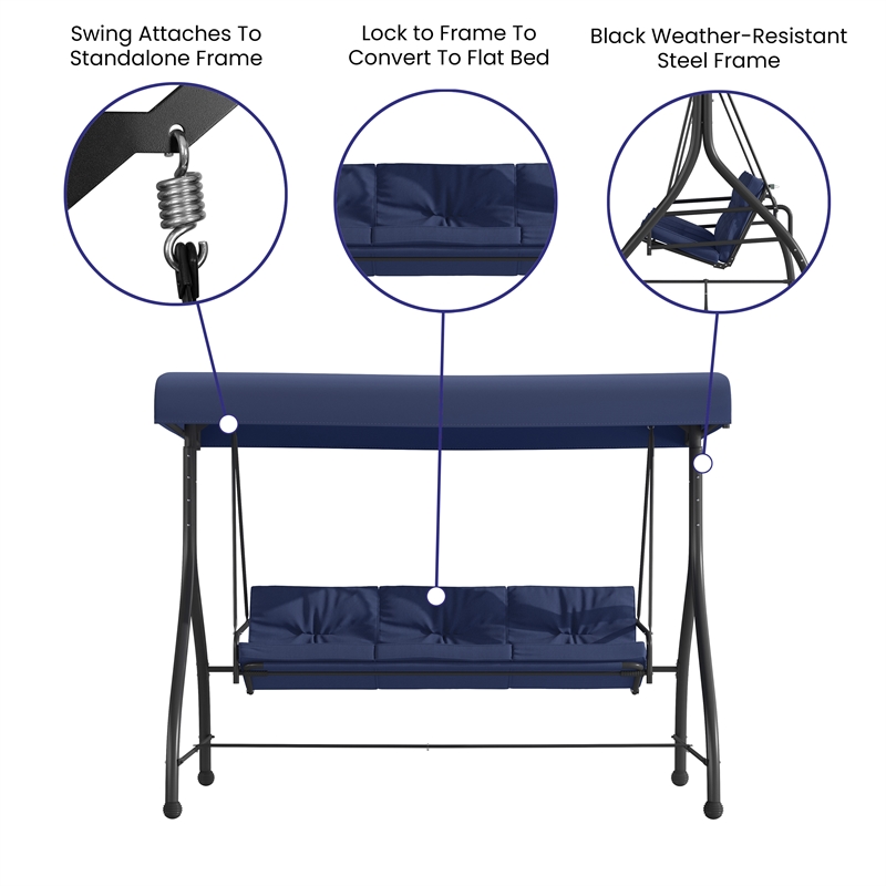 Flash Furniture Tellis 3-Seat Metal Patio Swing & Bed Canopy Hammock in Navy
