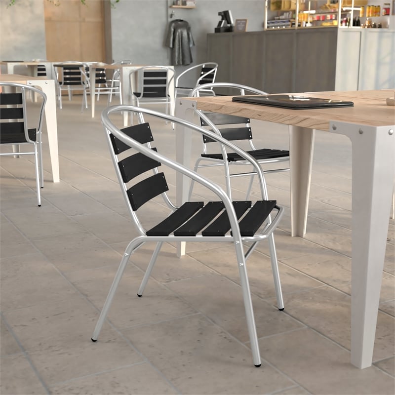 Flash Furniture Lila Metal Stack Chair with Triple Slat Faux Teak Back in Black