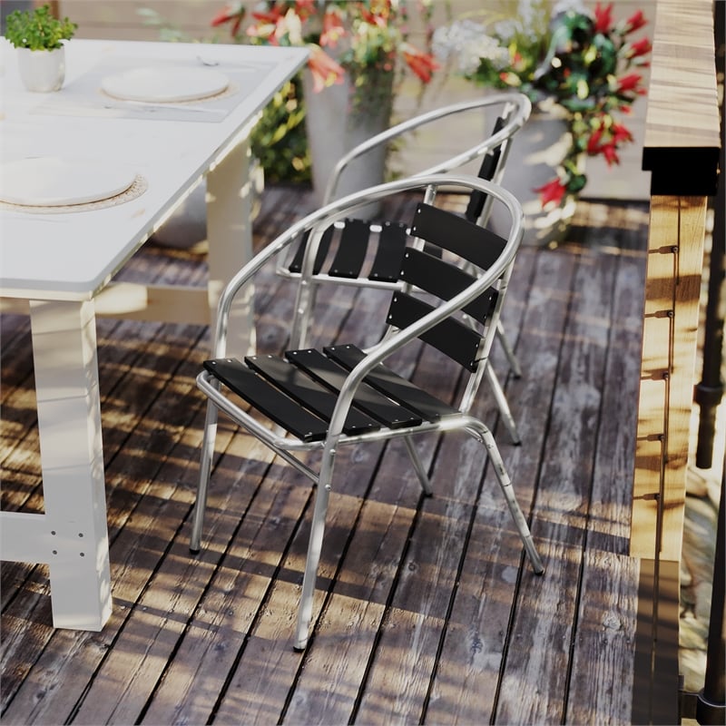 Flash Furniture Lila Metal Stack Chair with Triple Slat Faux Teak Back in Black