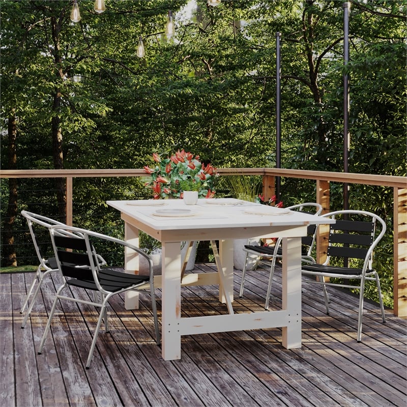 Flash Furniture Lila Metal Stack Chair with Triple Slat Faux Teak Back in Black