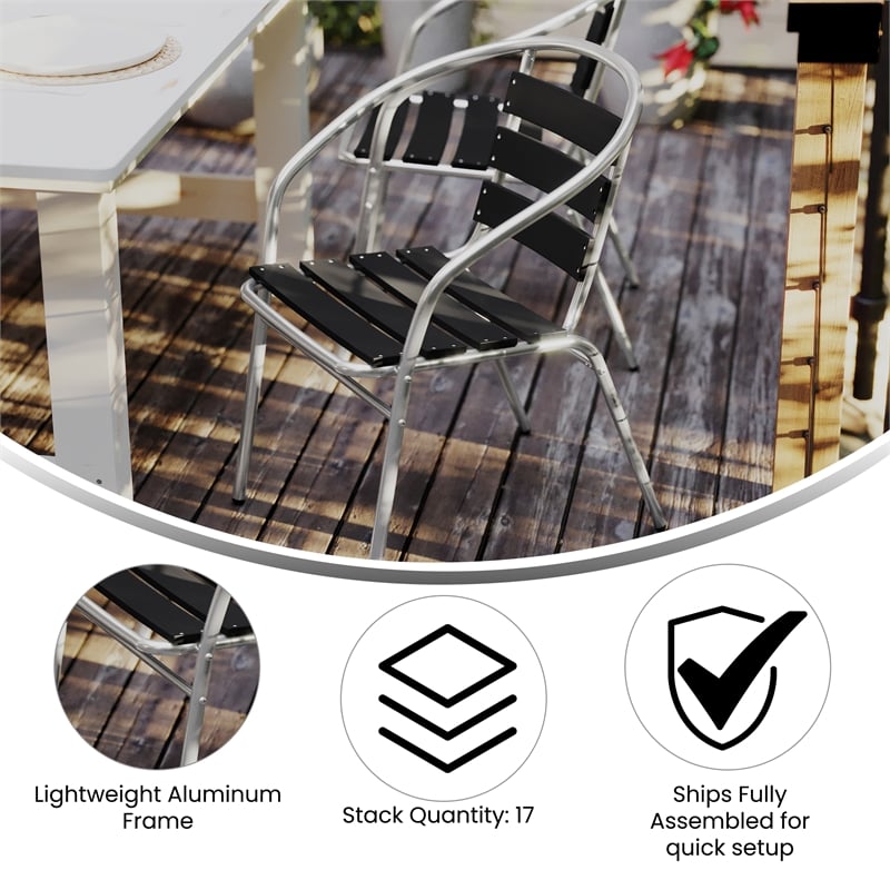 Flash Furniture Lila Metal Stack Chair with Triple Slat Faux Teak Back in Black