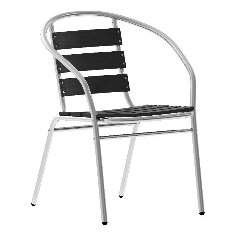 Flash Furniture Lila Metal Stack Chair with Triple Slat Faux Teak Back in Black