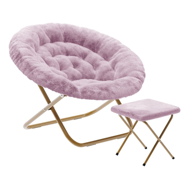 Folding XL Faux Fur Saucer Chair with Ottoman - Dusty Purple/Soft Gold