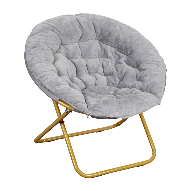 Folding XL Faux Fur Saucer Chair with Ottoman - Gray/Soft Gold