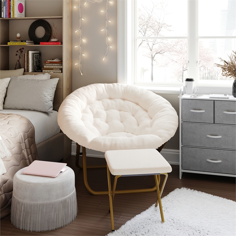 Folding XL Faux Shearling Saucer Chair with Ottoman - Ivory/Soft Gold