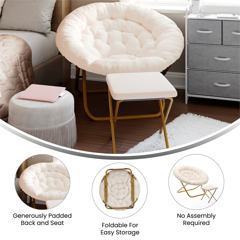 Folding XL Faux Shearling Saucer Chair with Ottoman - Ivory/Soft Gold