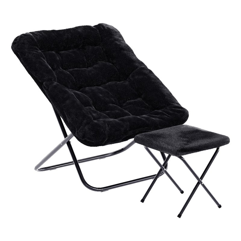 Oversized Folding Faux Fur Saucer Chair with Ottoman - Black/Black