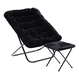 Oversized Folding Faux Fur Saucer Chair with Ottoman - Black/Black