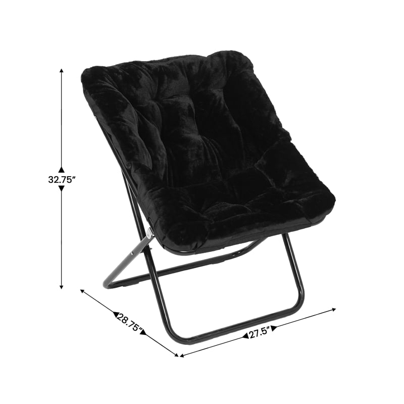 Oversized Folding Faux Fur Saucer Chair with Ottoman - Black/Black