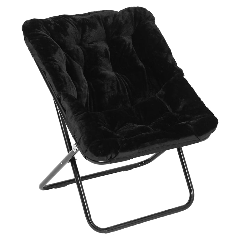 Oversized Folding Faux Fur Saucer Chair with Ottoman - Black/Black