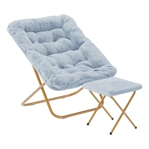 Oversized Folding Faux Fur Saucer Chair with Ottoman - Dusty Aqua/Soft Gold