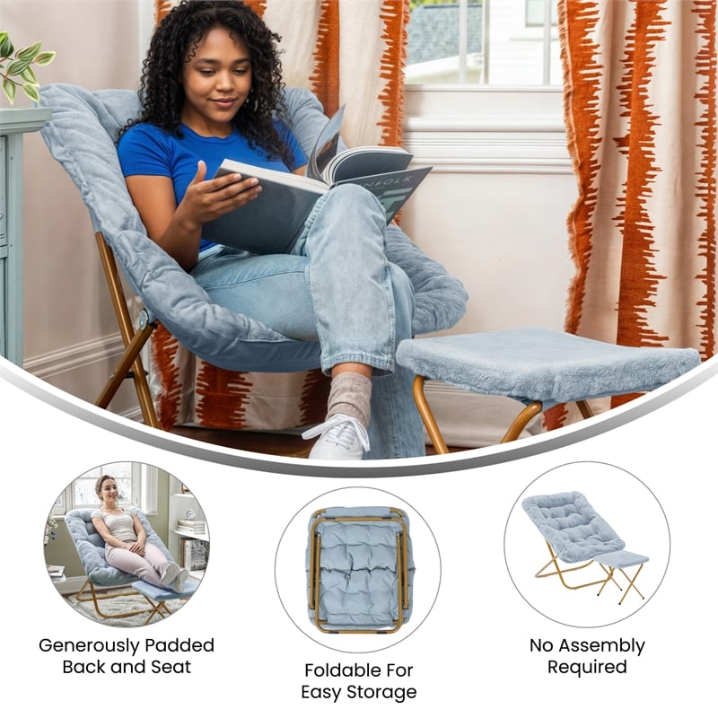 Oversized Folding Faux Fur Saucer Chair with Ottoman - Dusty Aqua/Soft Gold