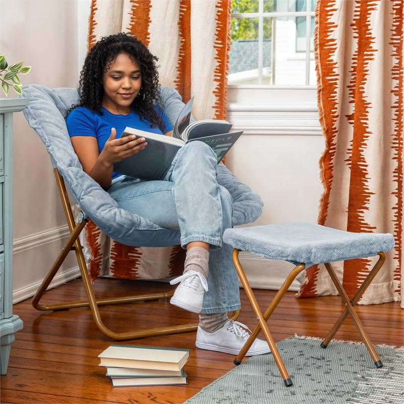 Oversized Folding Faux Fur Saucer Chair with Ottoman - Dusty Aqua/Soft Gold