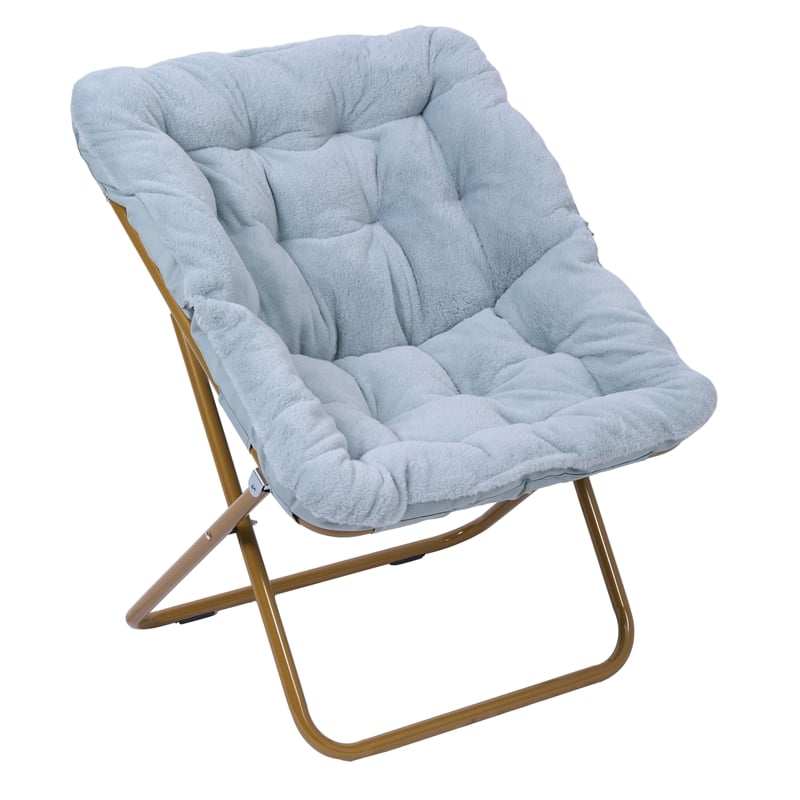 Oversized Folding Faux Fur Saucer Chair with Ottoman - Dusty Aqua/Soft Gold