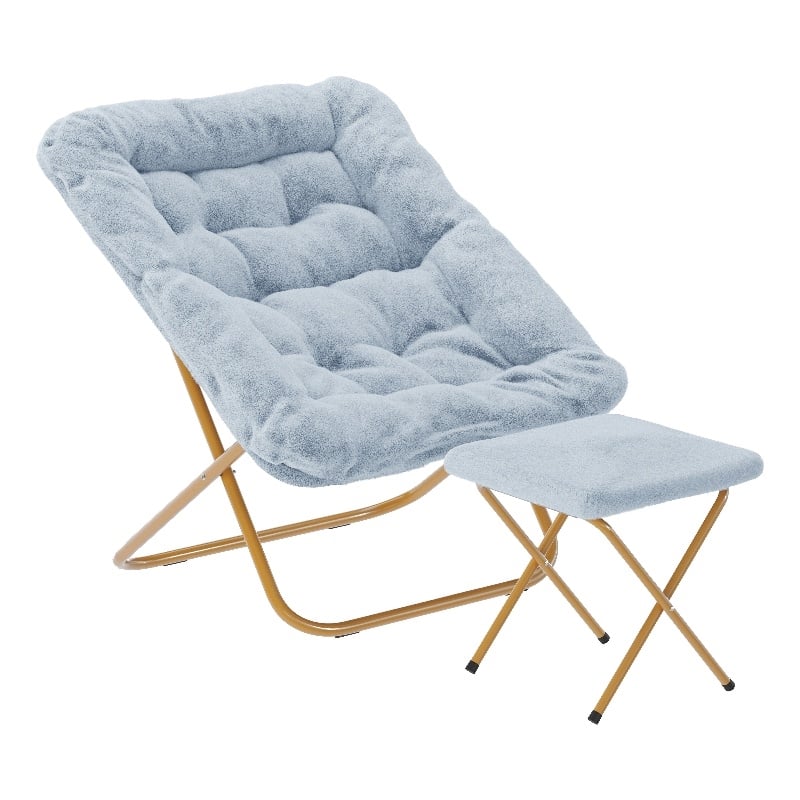 Oversized Folding Faux Fur Saucer Chair with Ottoman - Dusty Aqua/Soft Gold