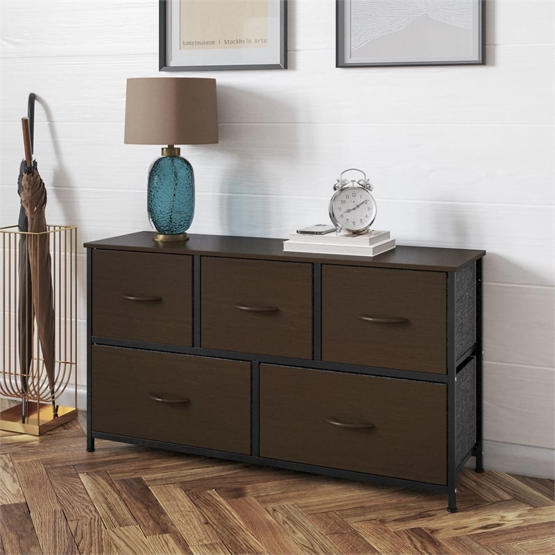 4 Drawer Dresser-Brown Wood Top/Black Iron Frame/Brown Drawers - Brown Handles