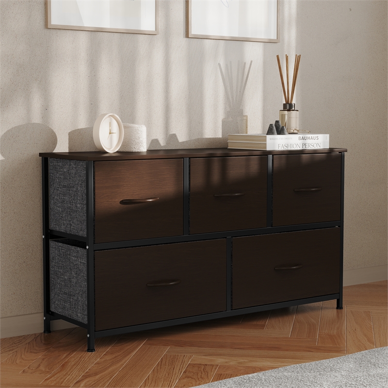4 Drawer Dresser-Brown Wood Top/Black Iron Frame/Brown Drawers - Brown Handles