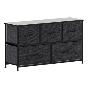 5 Drawer Dresser-Black Wood Top/Black Iron Frame/Black Drawers - Black Handles