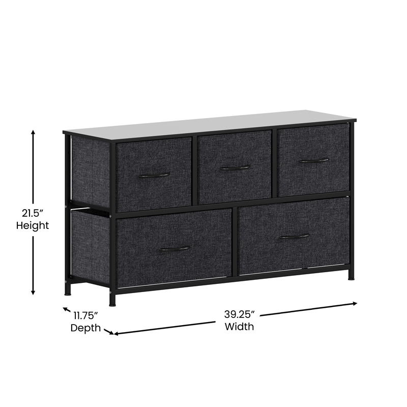 5 Drawer Dresser-Black Wood Top/Black Iron Frame/Black Drawers - Black Handles