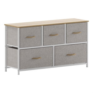 5 Drawer Dresser-Oak Wood Top/White Iron Frame/Beige Drawers with White Handles